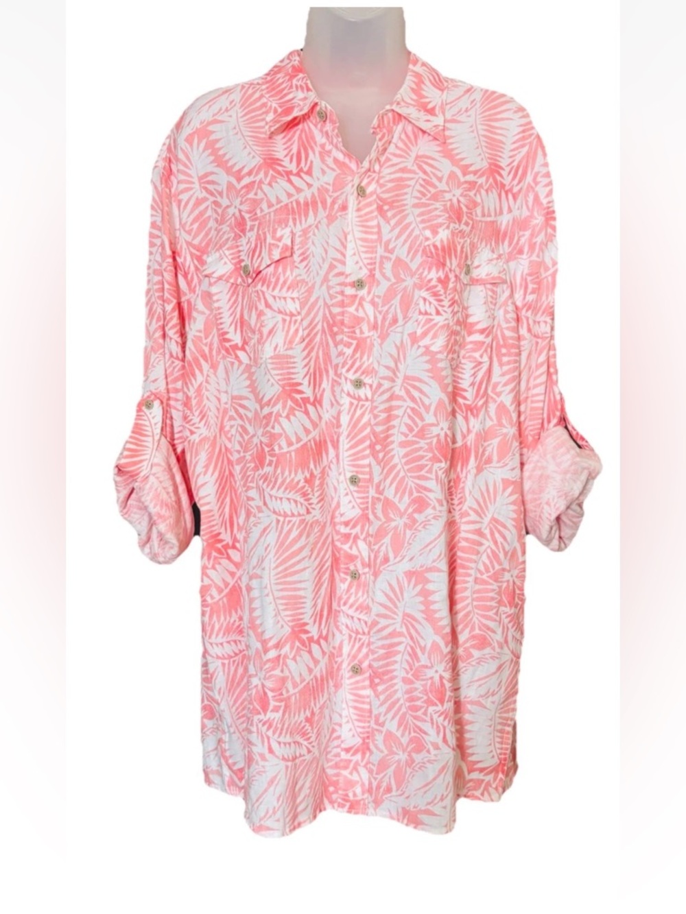Ocean & Coast Button Up Shirt Men's XL Tropical Linen Roll Tab Sleeve Beachy
